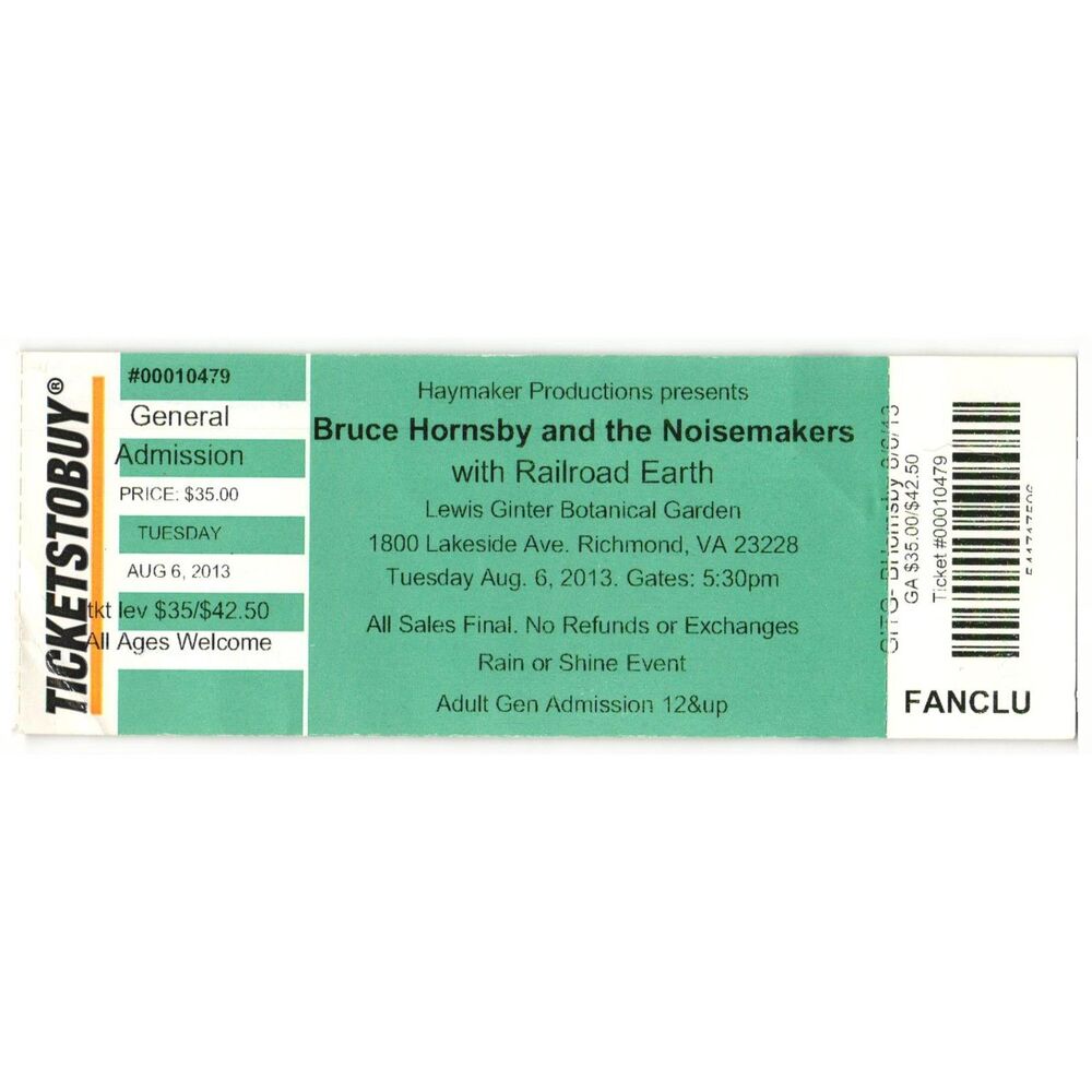 2013 Bruce Hornsby Railroad Earth Full Complete Concert Ticket Stub Richmond VA